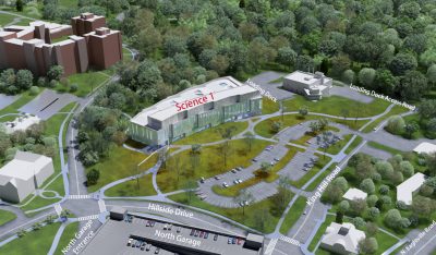 Overhead view of Science 1 Research Center, parking lot and loading dock access road